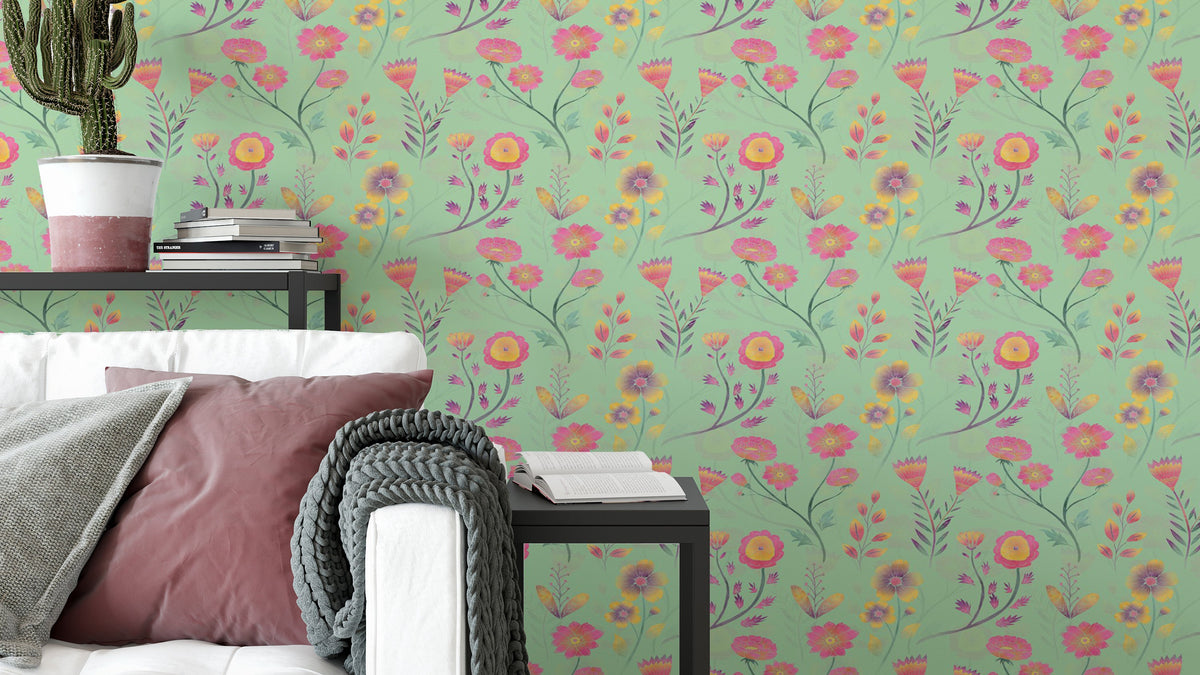 Luminous Floral Whispers Teal wallpaper above a bed with mauve pillows, knit throw and cactus nightstand