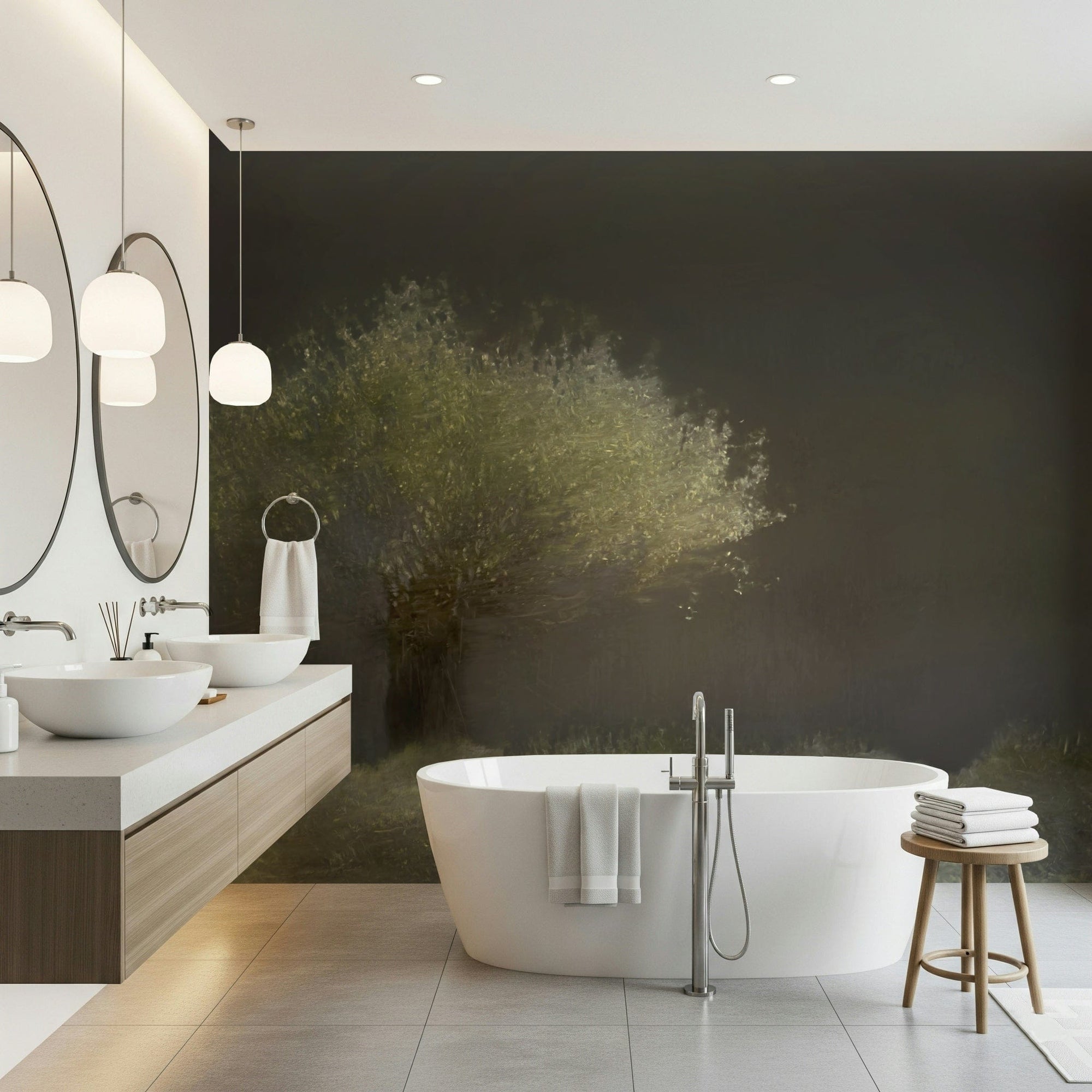Luminous Tree wallpaper mural with a glowing green tree on a dark wall in a bright bathroom with a freestanding tub