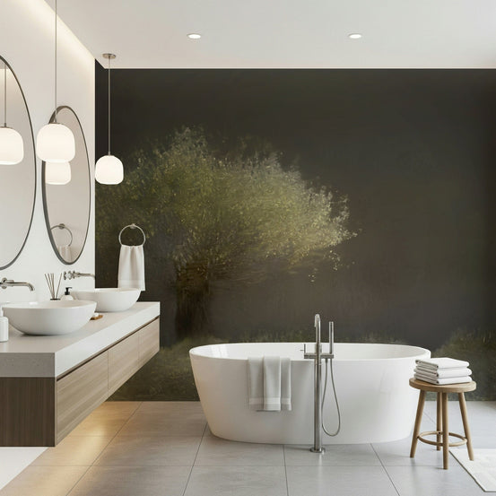 Luminous Tree wallpaper mural with a glowing green tree on a dark wall in a bright bathroom with a freestanding tub