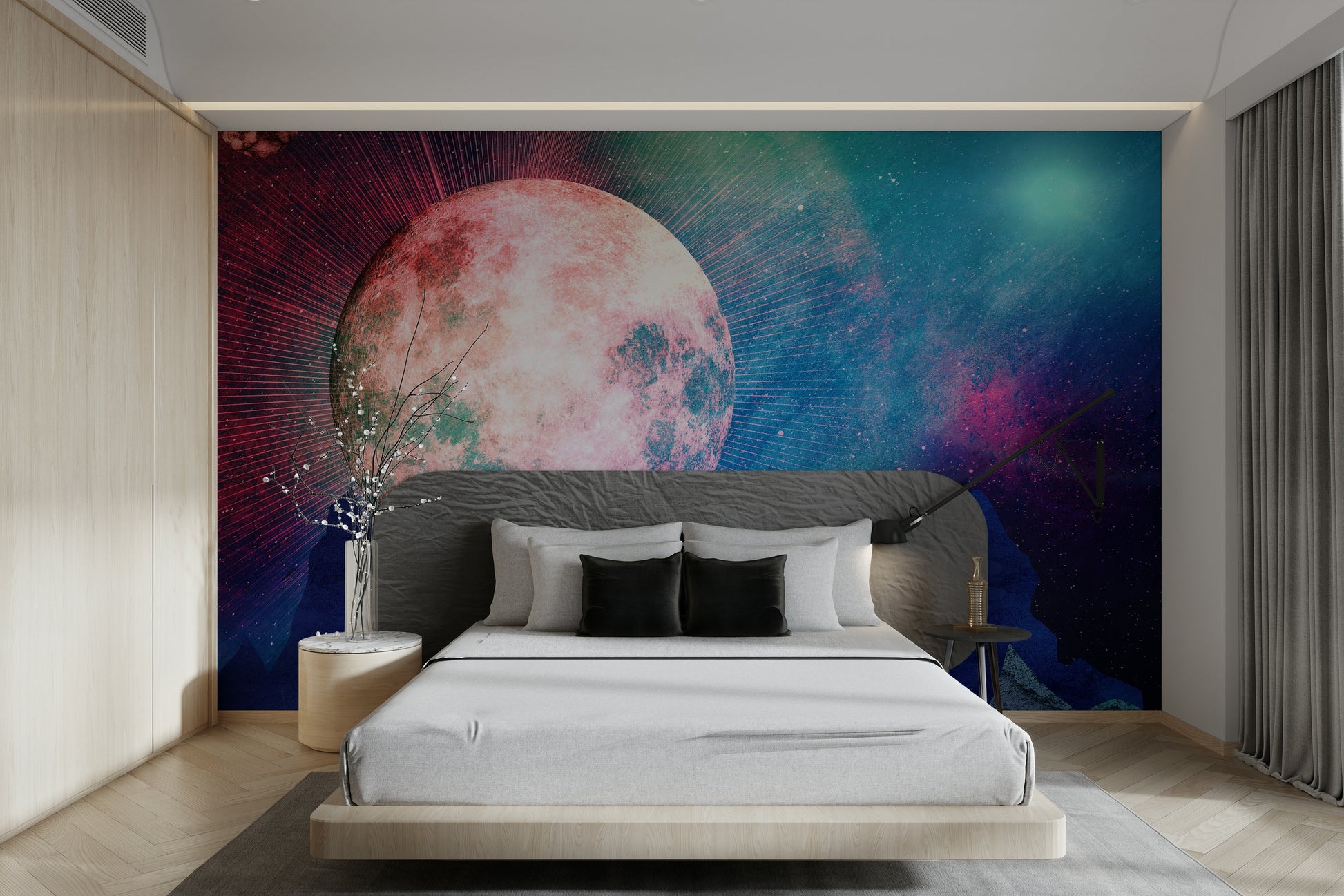 Deep blue color palette wallpaper for a calm and moody bedroom atmosphere.