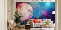 Modern apartment wall decor with a dramatic celestial landscape design.