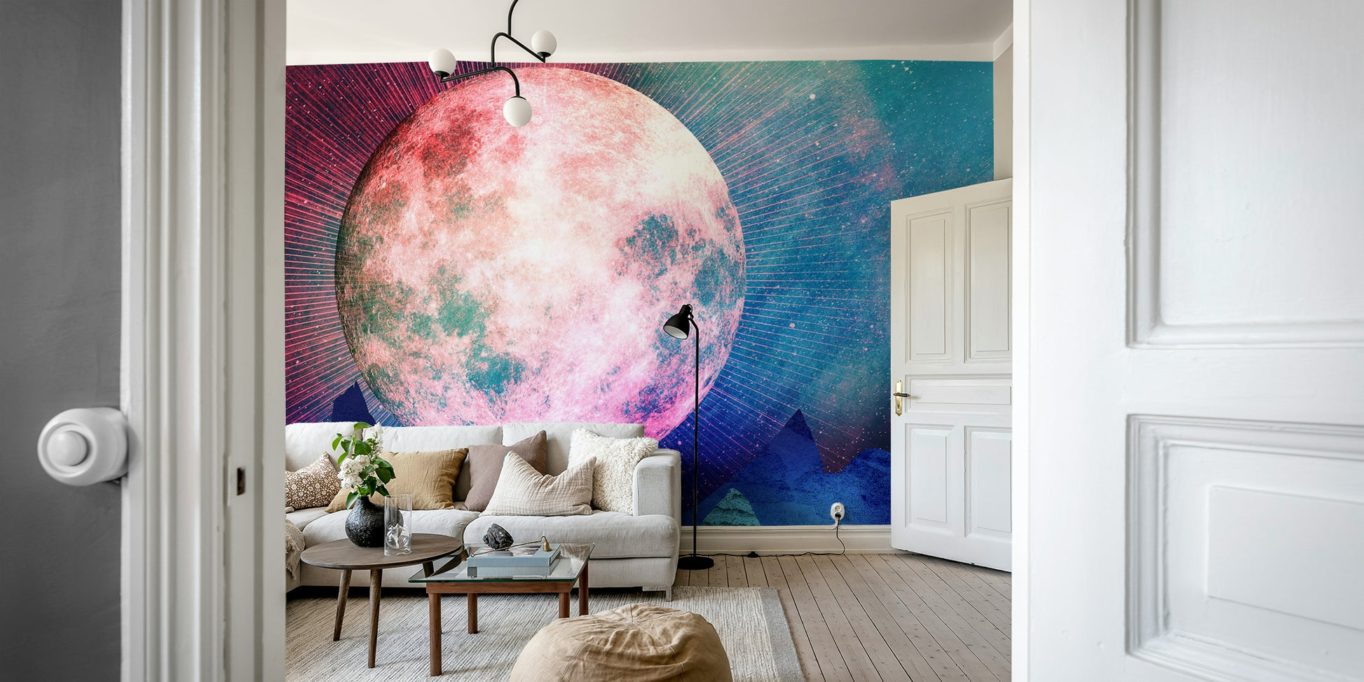 Close-up of the moon detail and starlight in a mountain themed wall mural.