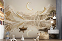 Beige mountain wall mural with crescent moon and calm lake