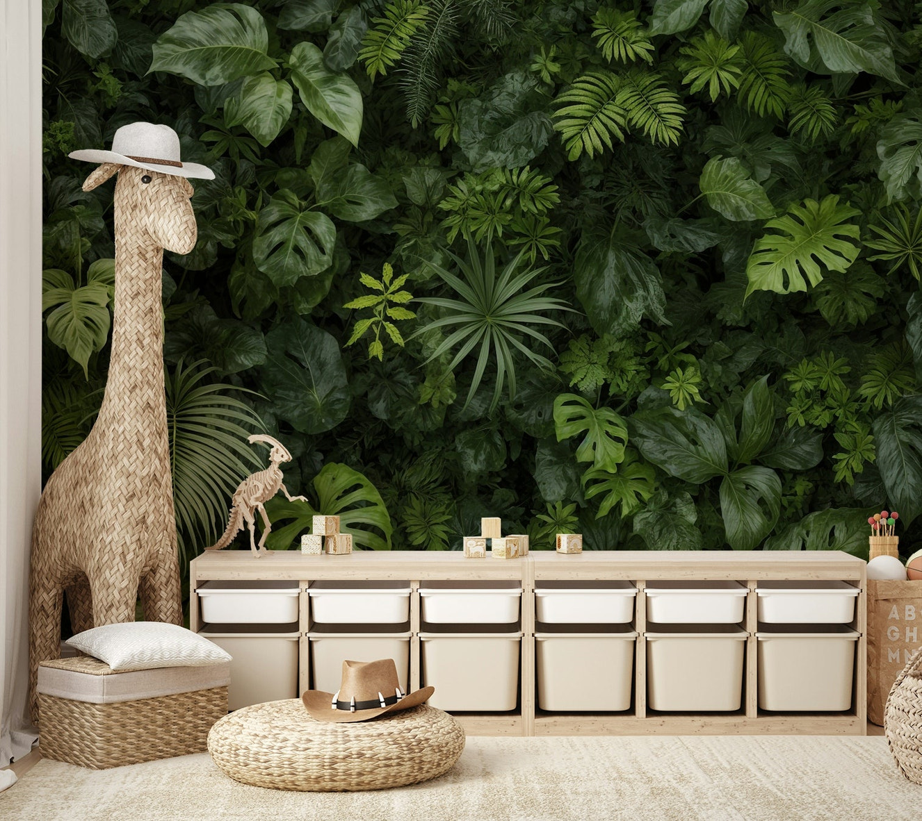 A wall mural depicting a dense wall of different types of green leaves.
