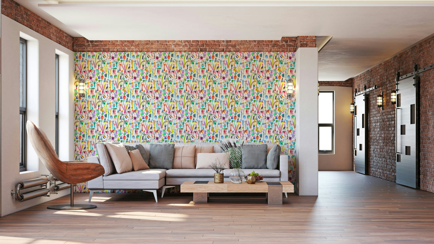 Kids floral garden wall covering with vibrant tones


