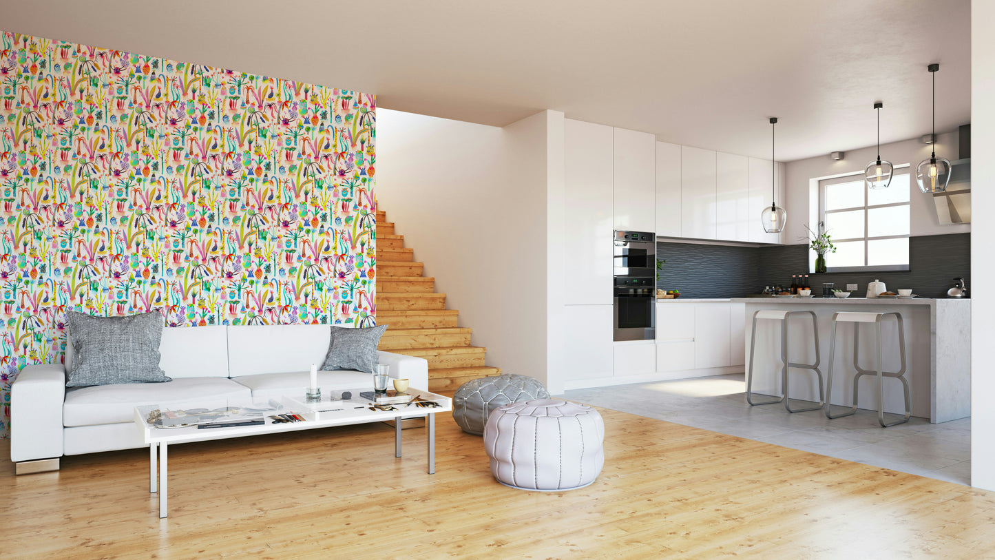 Playful garden-themed wall mural for children

