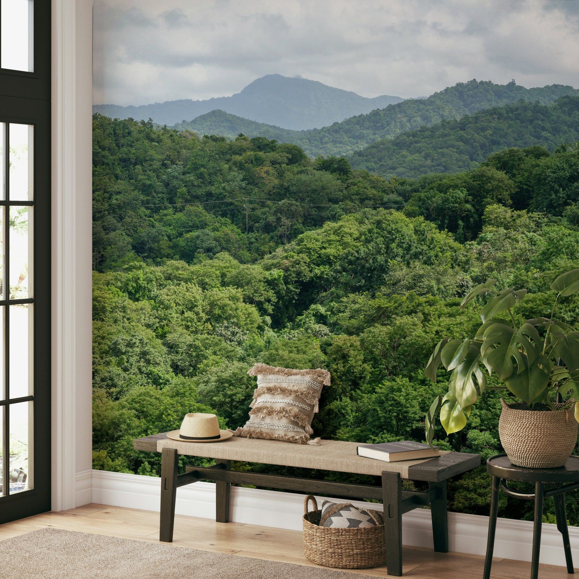 A calming serene mountain wallpaper mural that defines a space.

