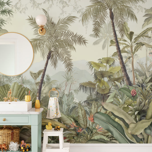 Lush Green Forest wallpaper mural shown as a full feature wall that highlights the design