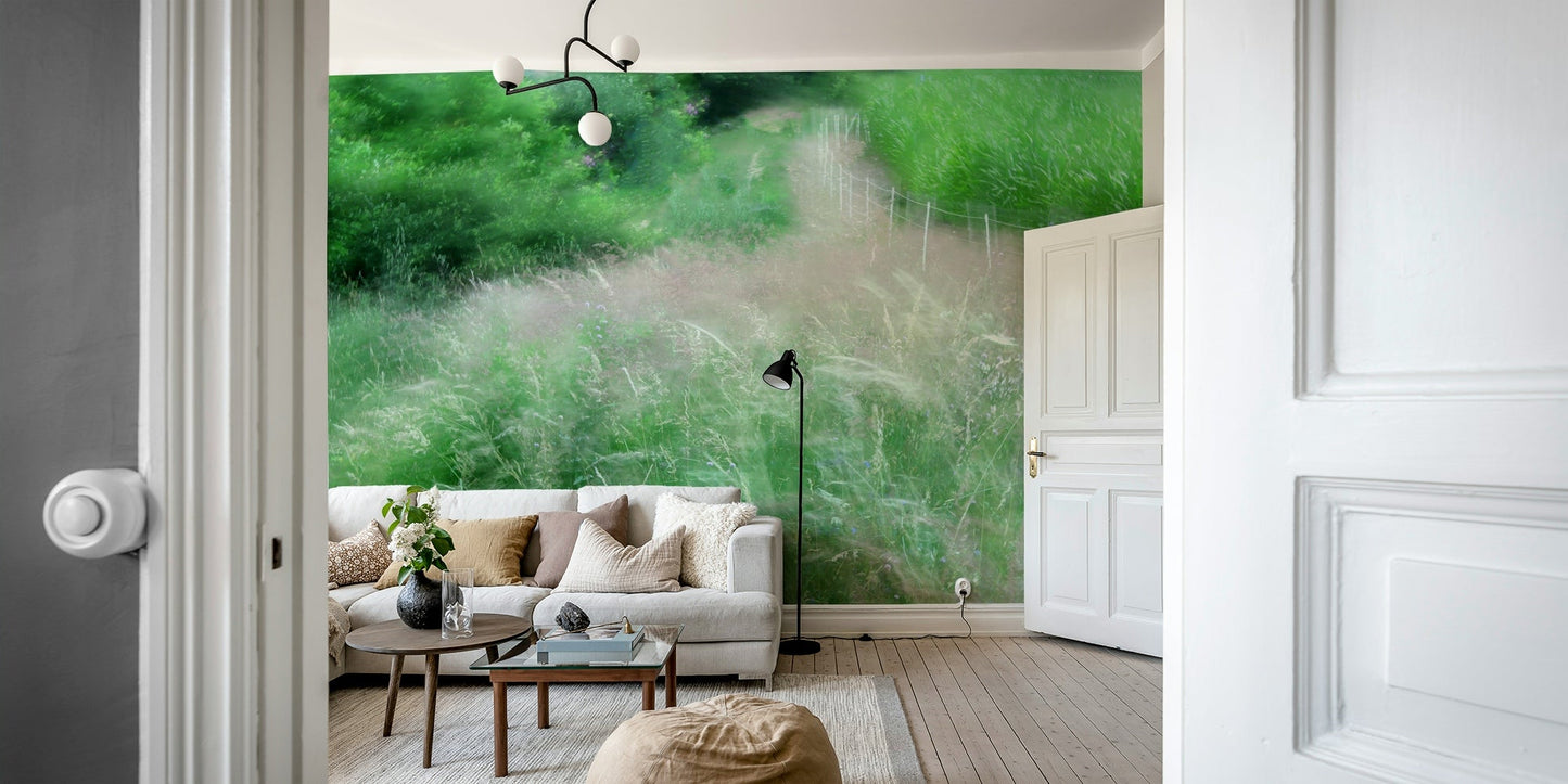 Lush green forest pathway mural
