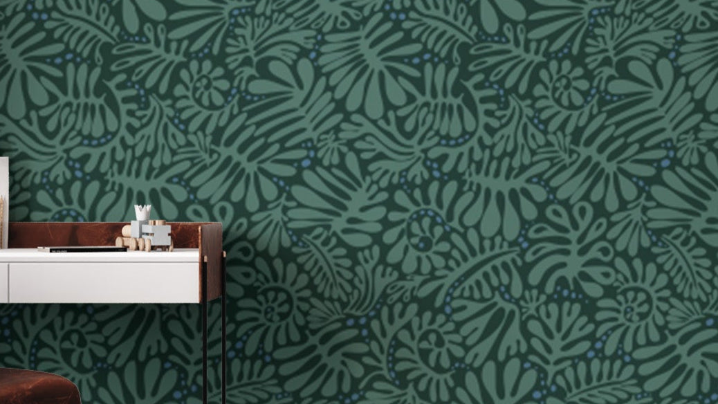 Emerald Matisse Foliage wallpaper in deep green abstract leaves behind a white desk with wood frame in a home office