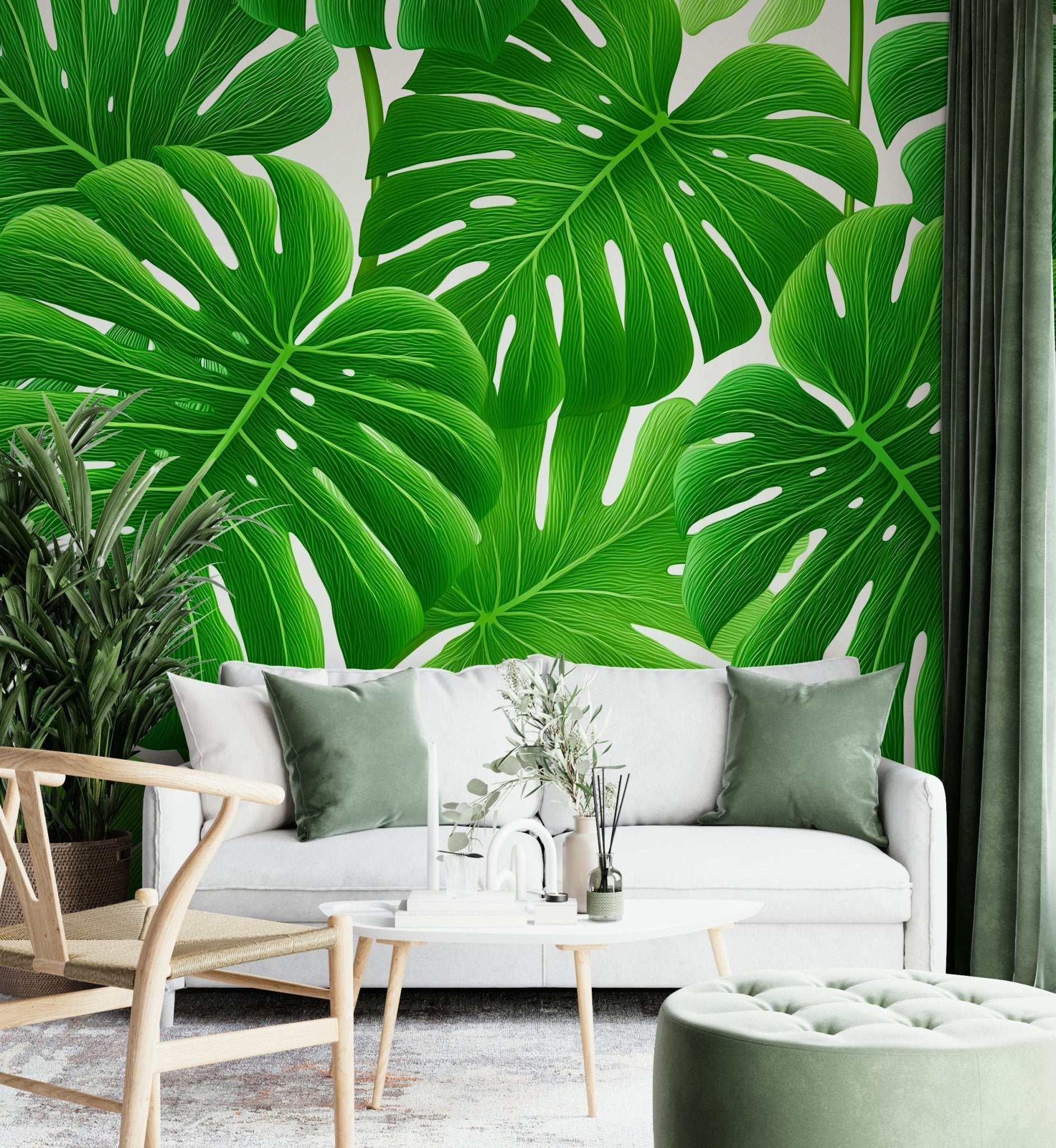 Lush Green Monstera Leaf Wallpaper for a Tropical Vibe