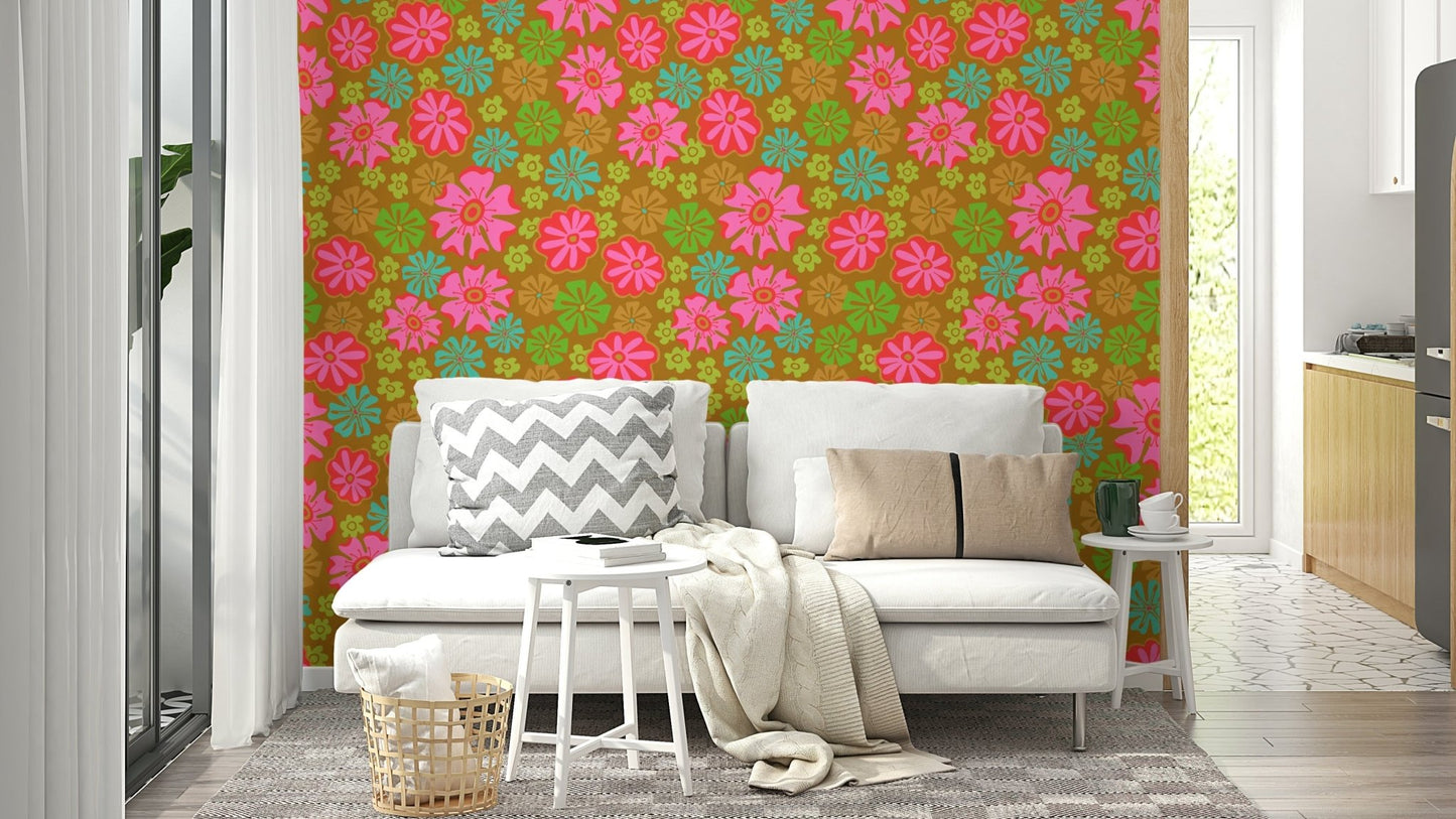 The colors are soft, muted tones of pink, red, green, blue, and brown.

