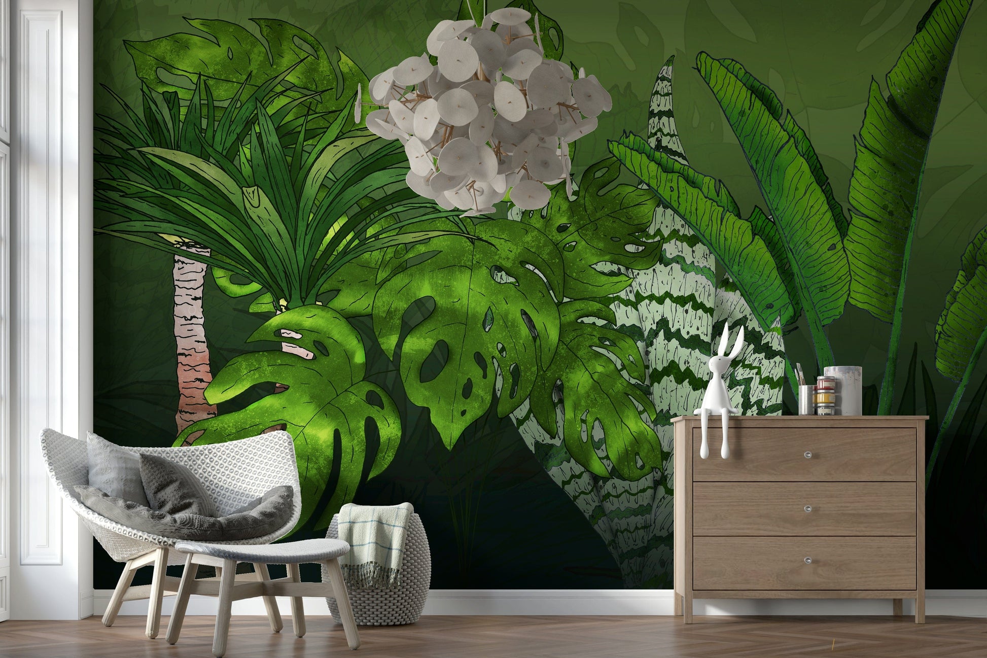 Monstera and jungle plants Tropical Jungle Garden wall surface.