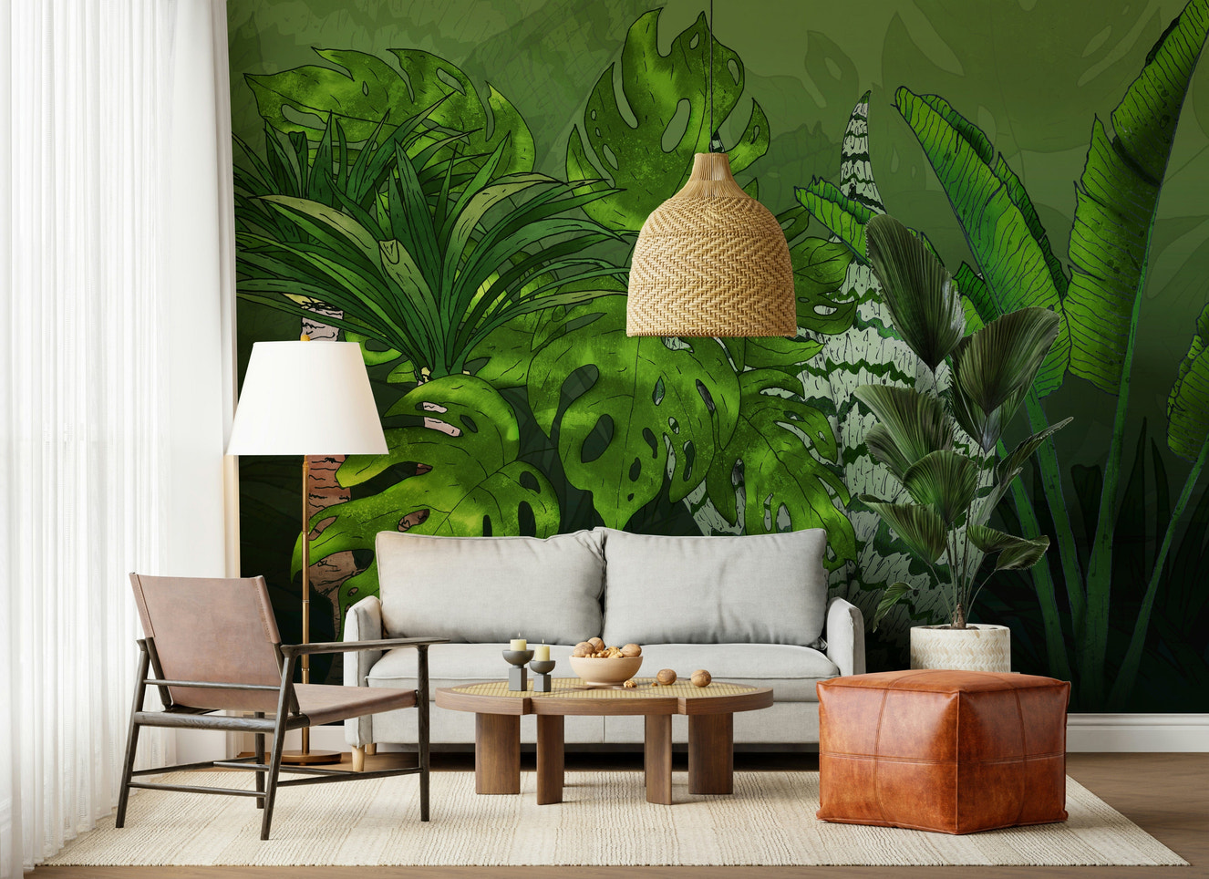 Tropical Jungle Garden green leaves pattern wall covering.