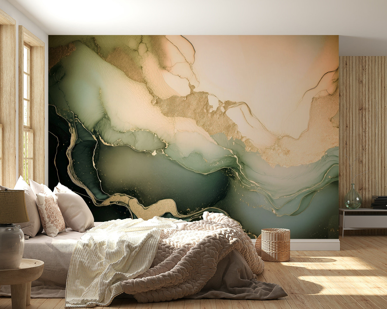 Calming mineral mural with layered stone effects in soft beige, gray, and cream tones.