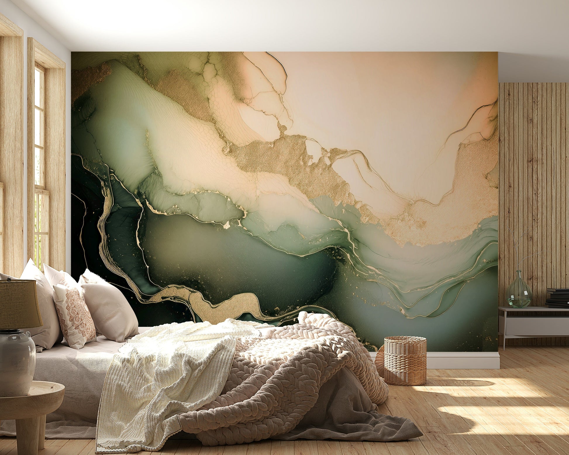 Calming mineral mural with layered stone effects in soft beige, gray, and cream tones.