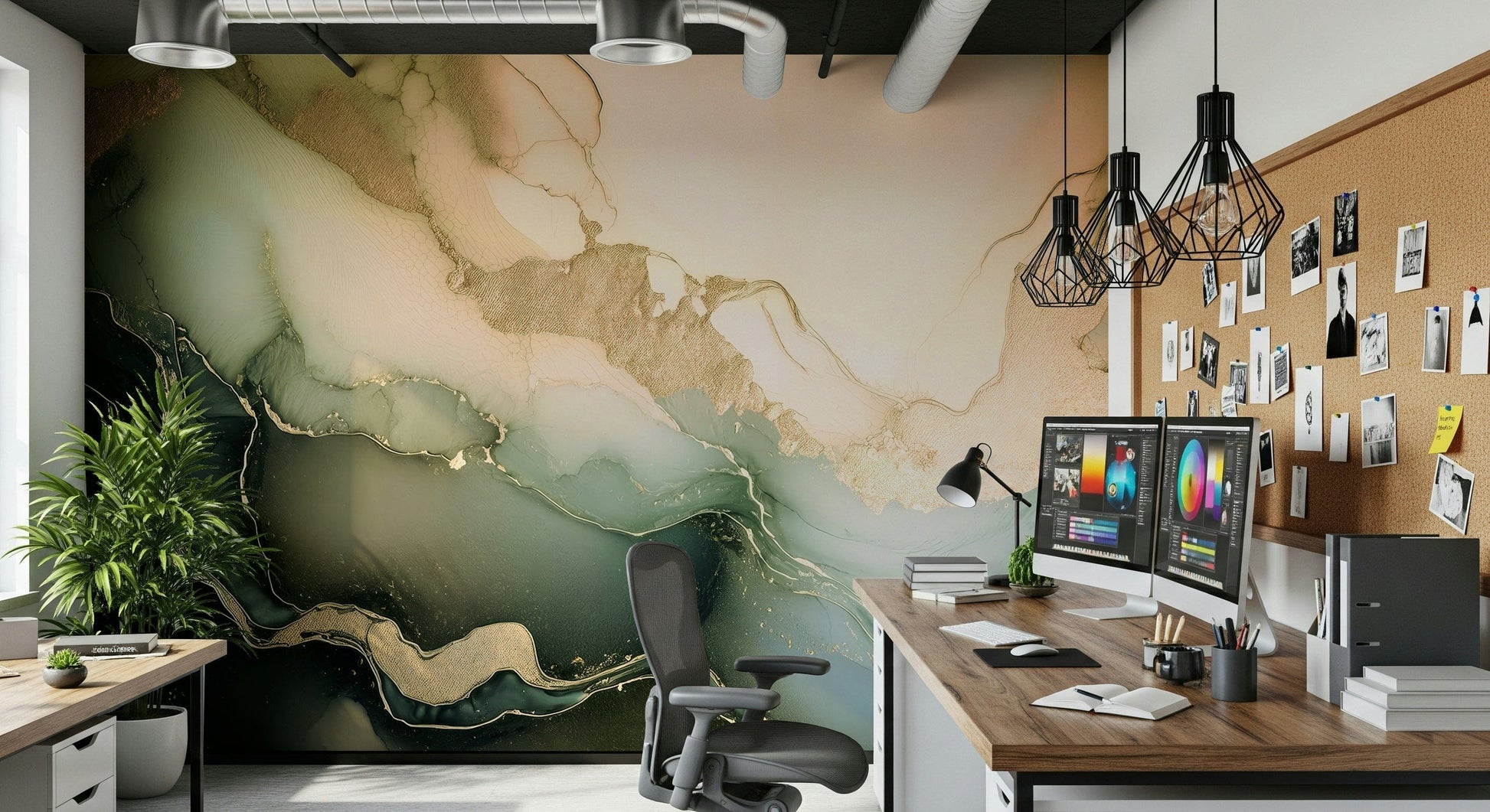 Elegant wall mural with layered mineral patterns creating a serene and luxurious atmosphere.