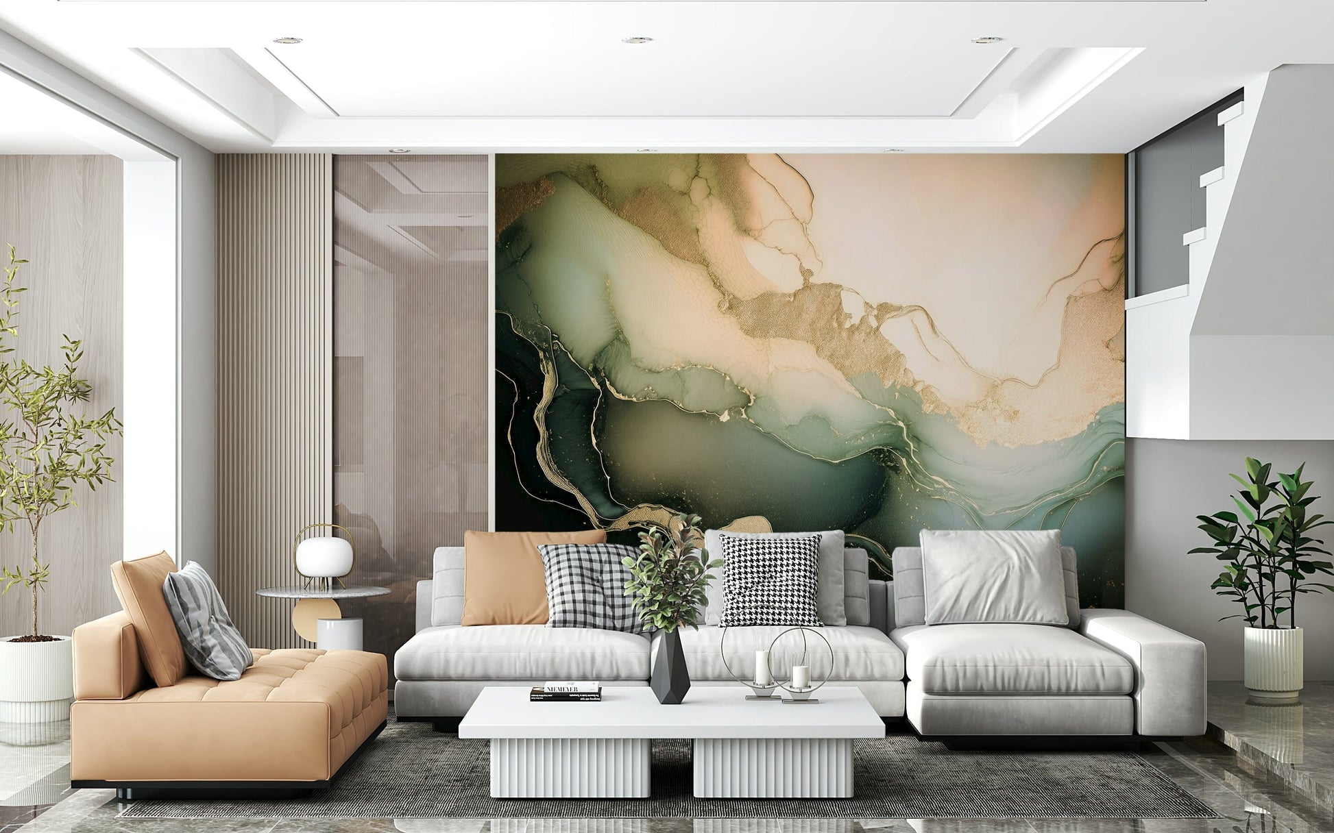 Dreamy Mineral Layers wall mural featuring soft marble-inspired textures in soothing natural tones.