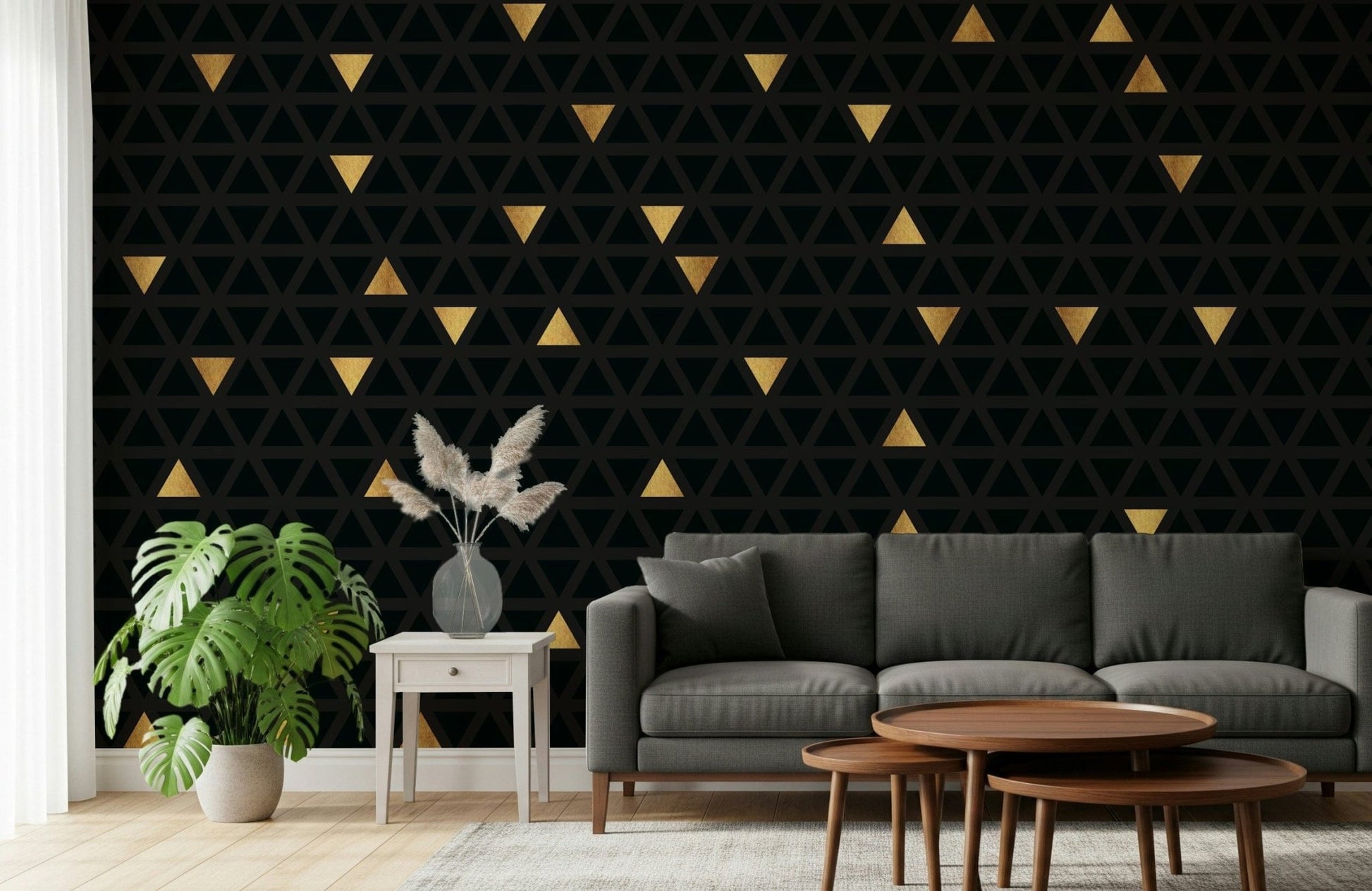 Detail shot of the Luxury Black and Gold Triangles Wall Mural, an abstract wallpaper design featuring a sophisticated, textured pattern.