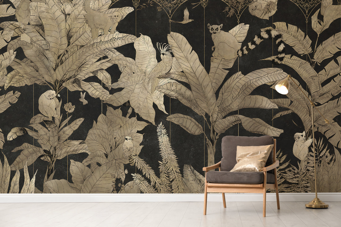 Bold gold wallpaper with exotic animals and leaves

