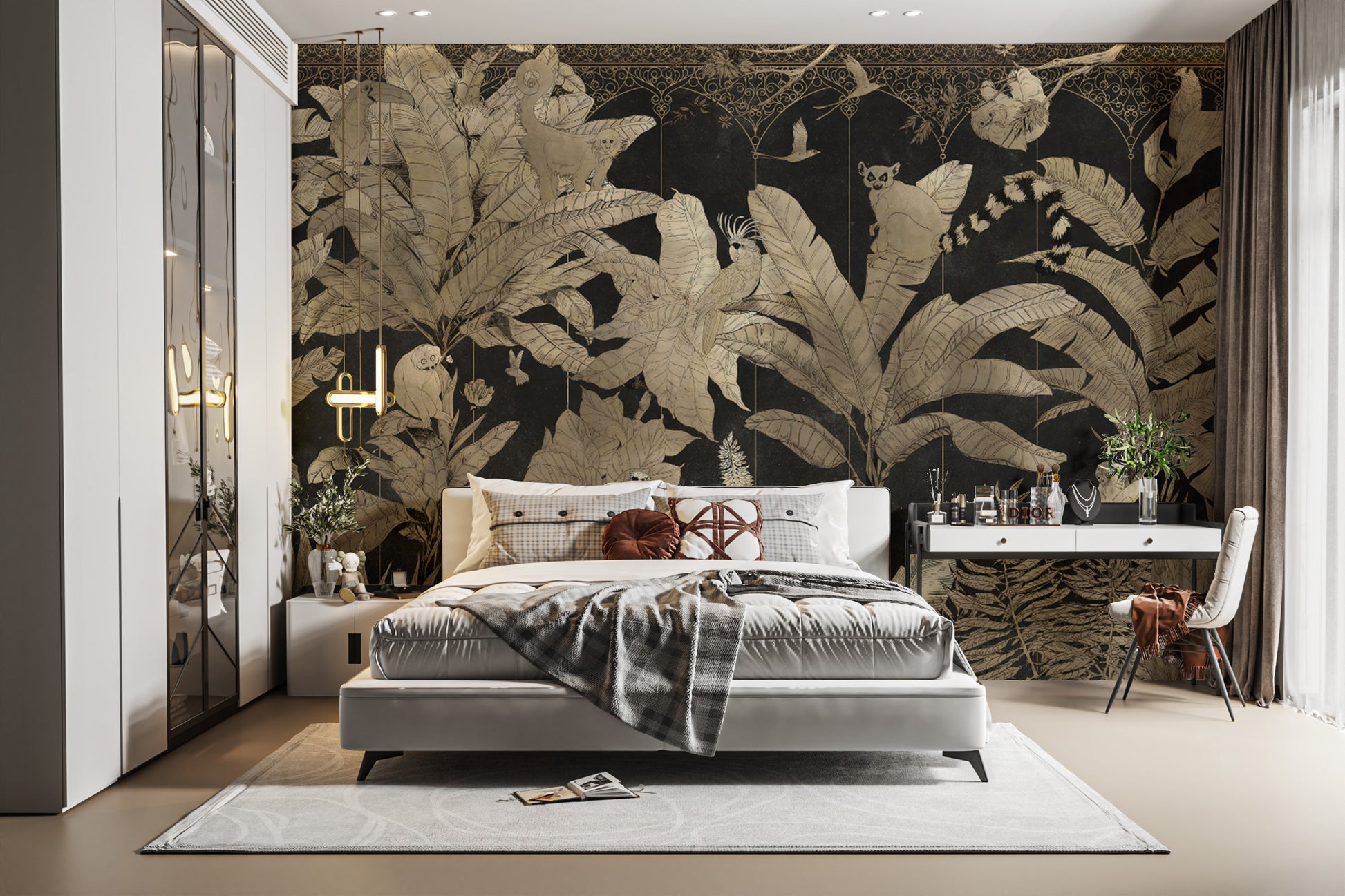 Elegant botanical wallpaper with metallic gold accents
