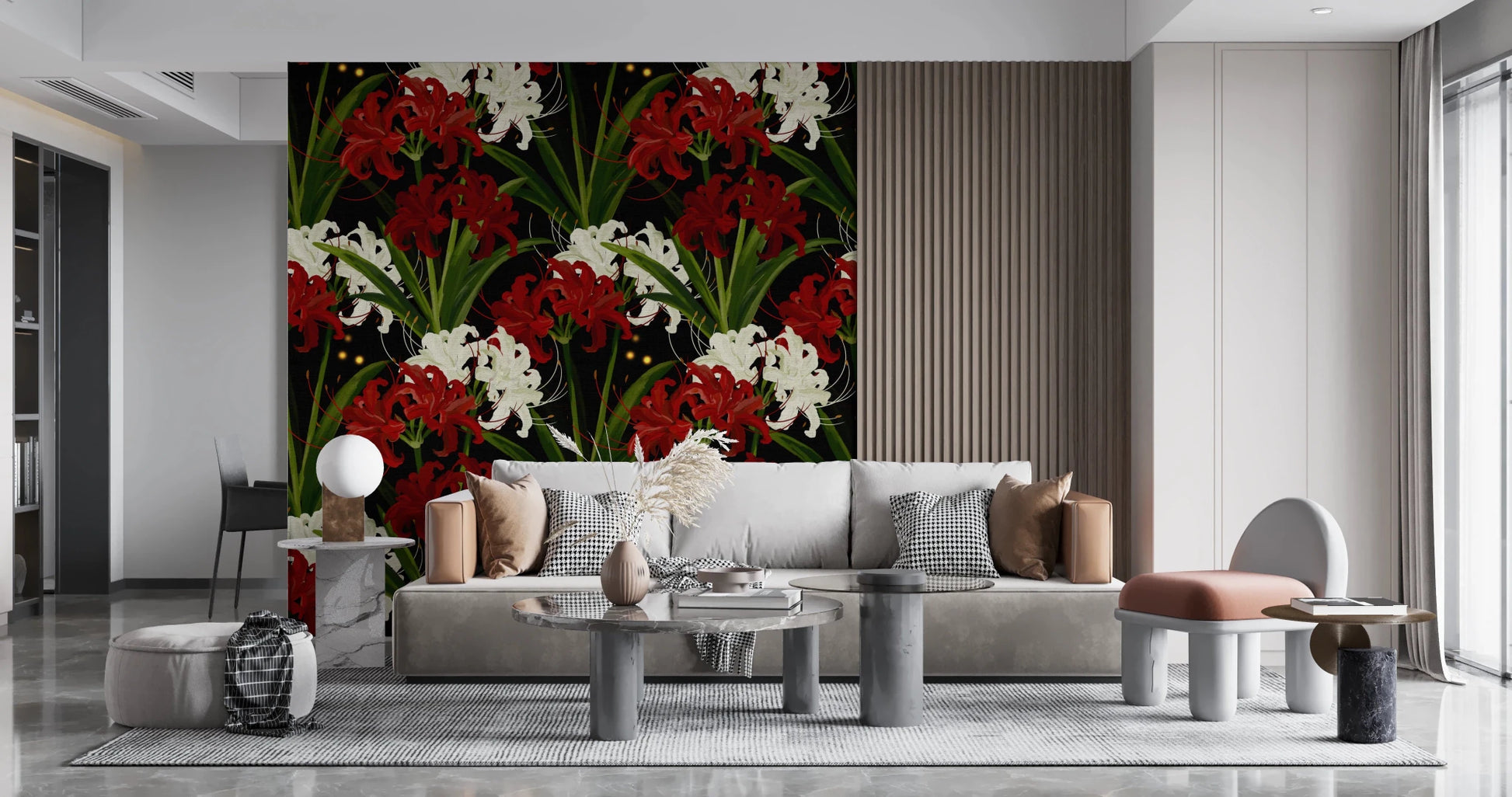 Lycoris Noir Midnight Romance white red flowers bloom Wall Mural