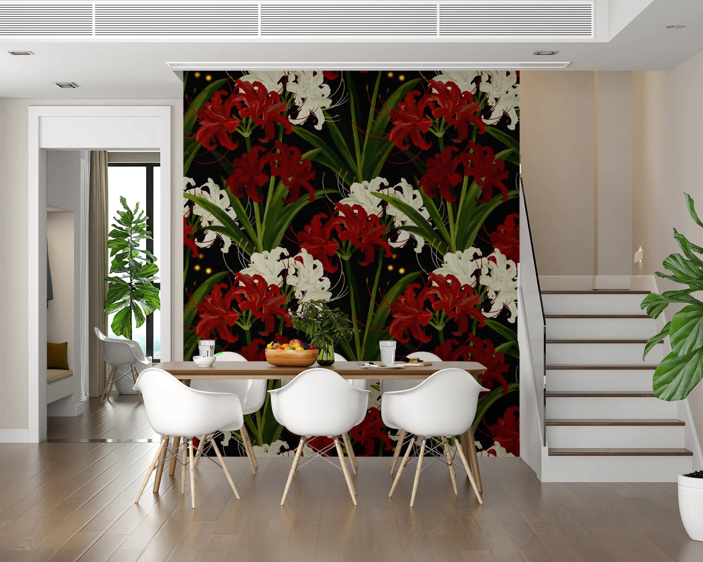Lycoris Noir Midnight Romance white red flowers bloom Wall Mural
