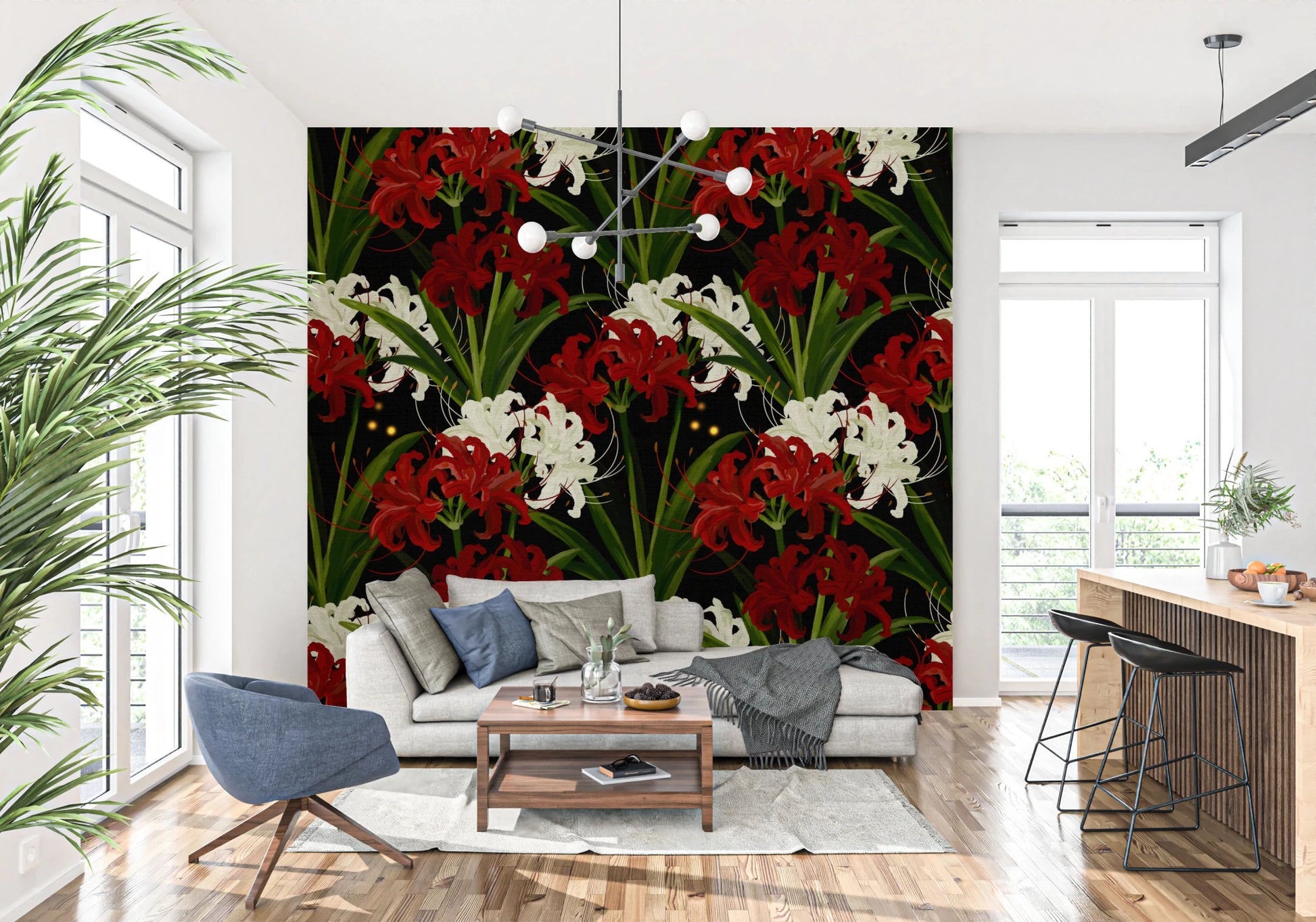Lycoris Noir Midnight Romance white red flowers bloom Wall Mural