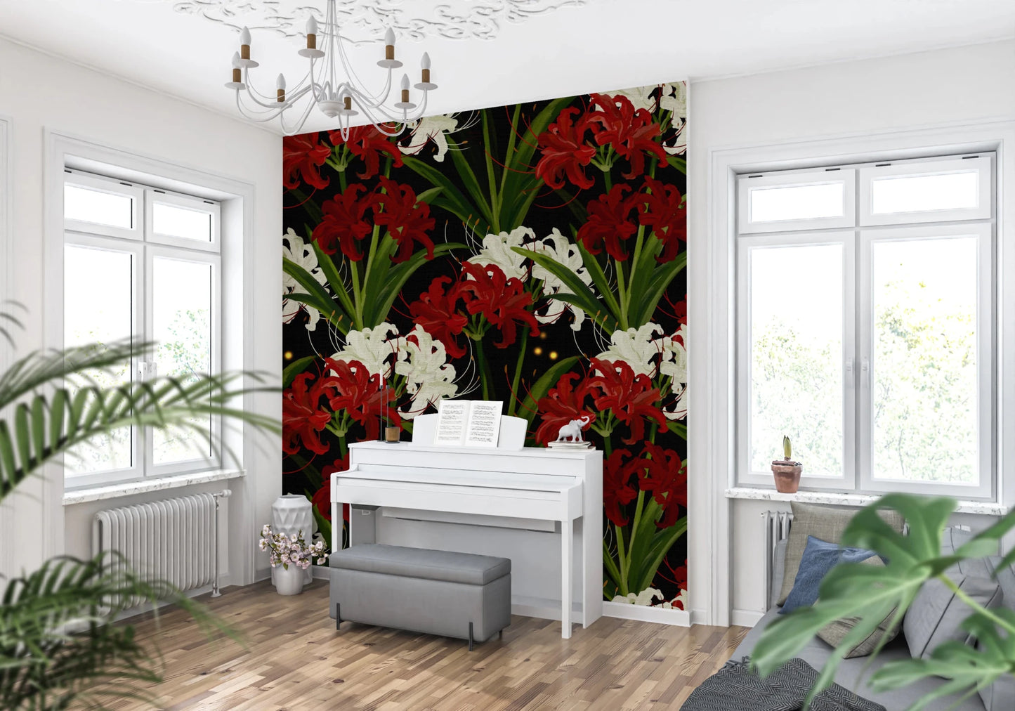 Lycoris Noir Midnight Romance white red flowers bloom Wall Mural