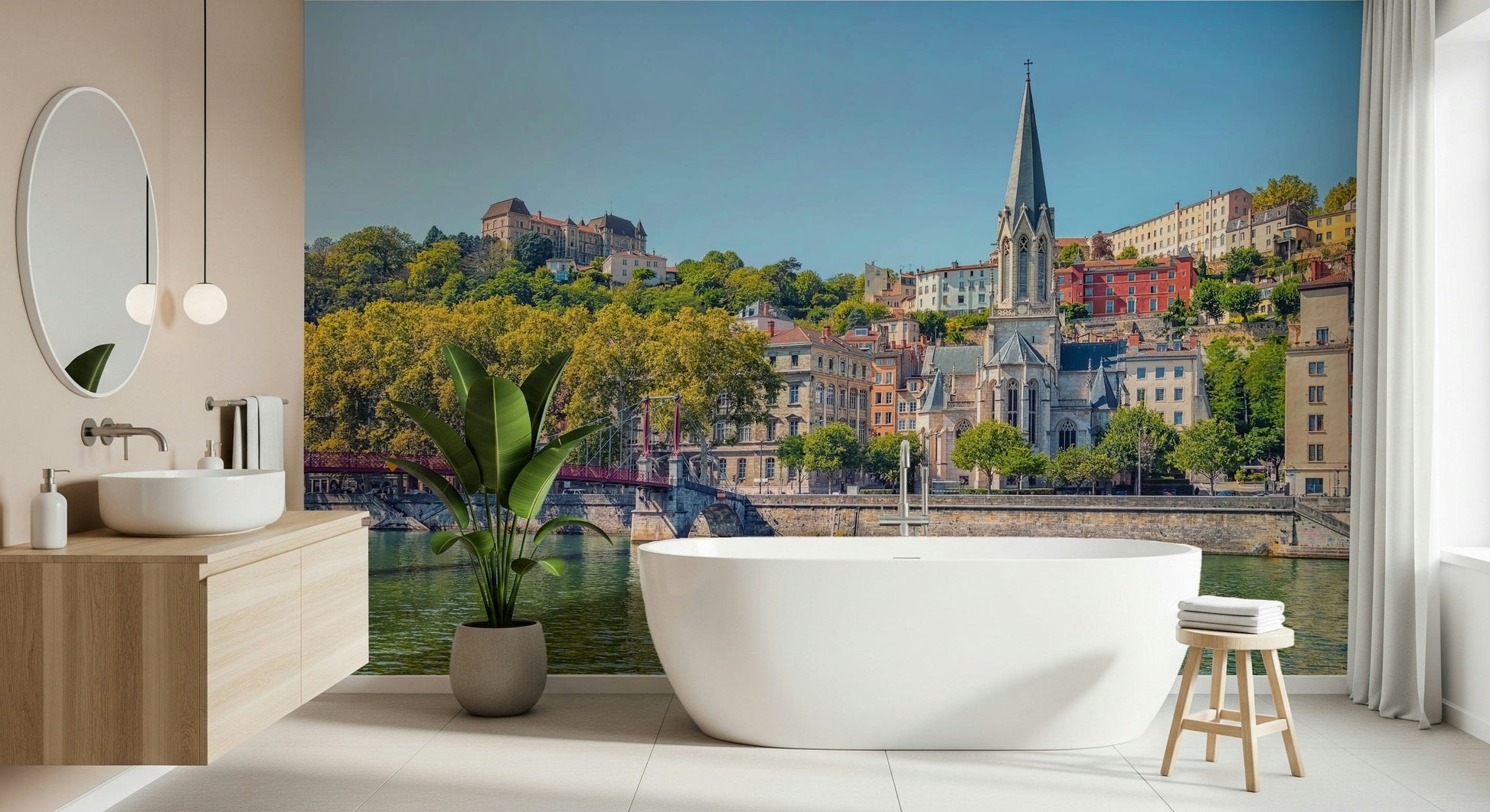 Lyon waterfront mural in home office, clean styling backdrop