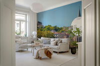 Riverfront Lyon mural in entryway, calm modern home styling