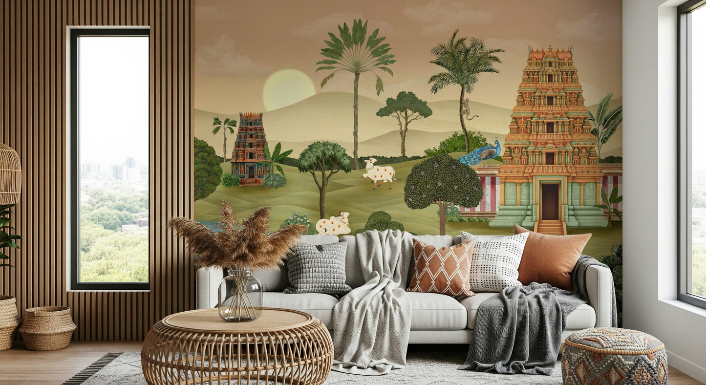 Madhuban Moonlight mural design with botanical forms and dusk colors