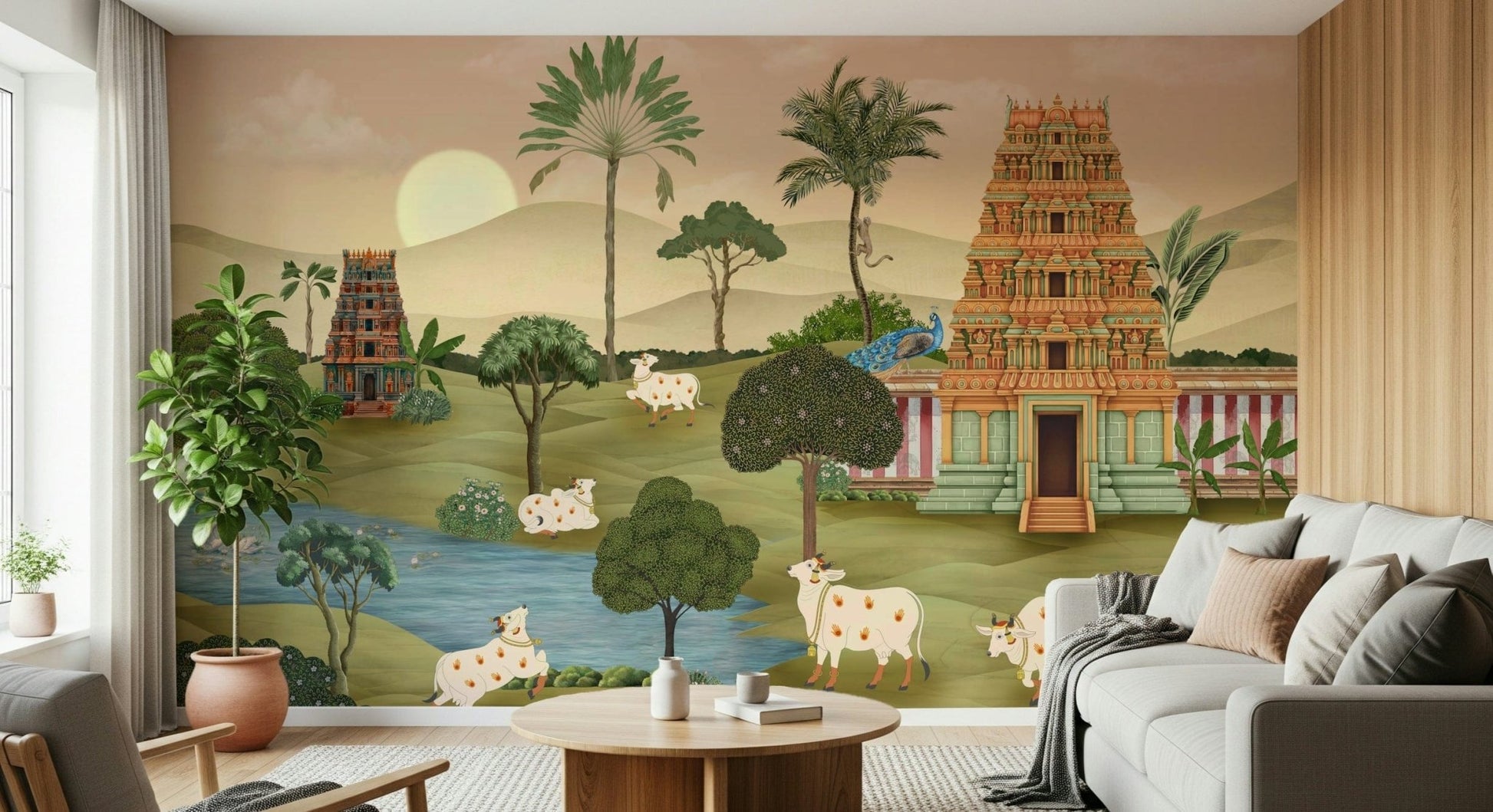 Wall mural titled Madhuban Moonlight in a calm, nature-inspired palette