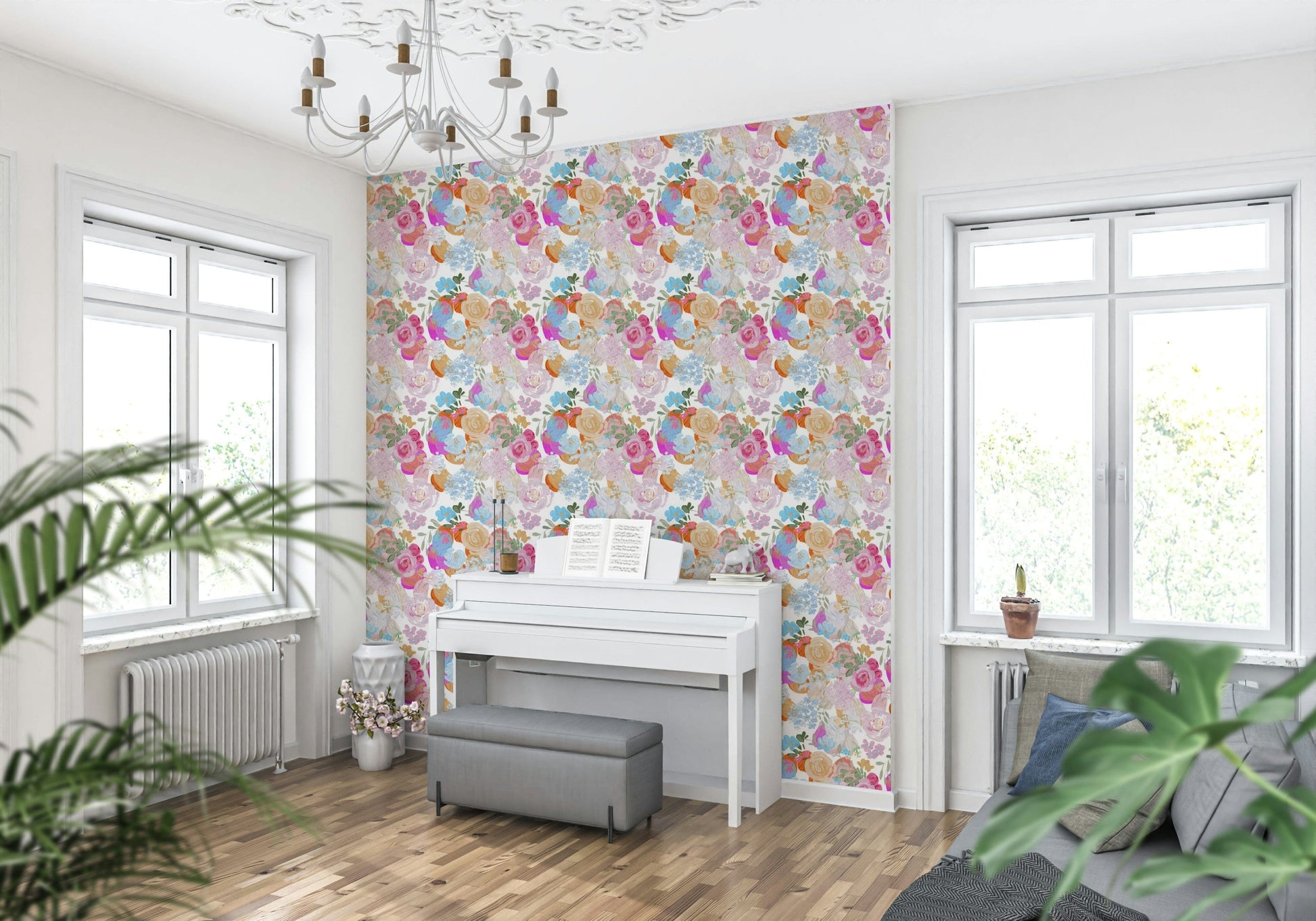 Artistic oil-painted wallpaper with magenta blooms and spring-inspired floral patterns.