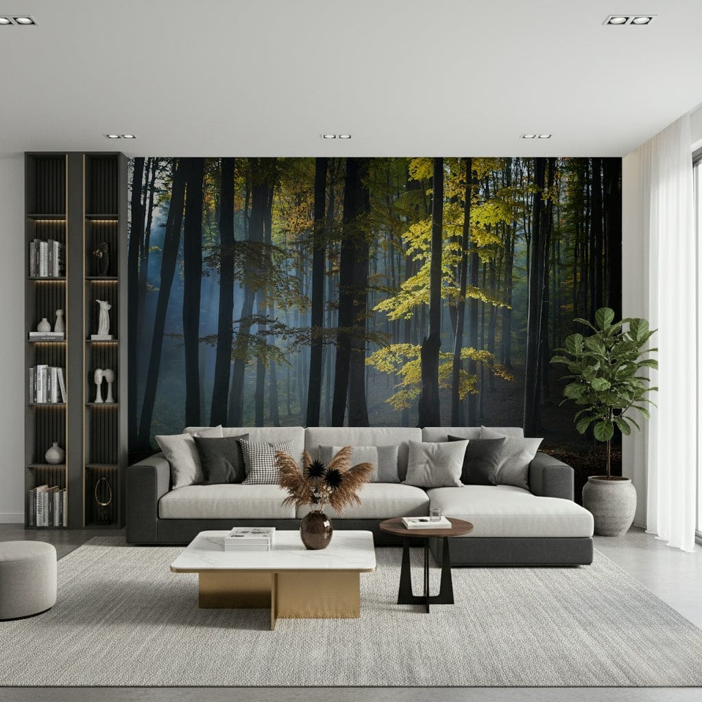 Symmetrical tall woods motif on Glimmering Forest Woodland mural.