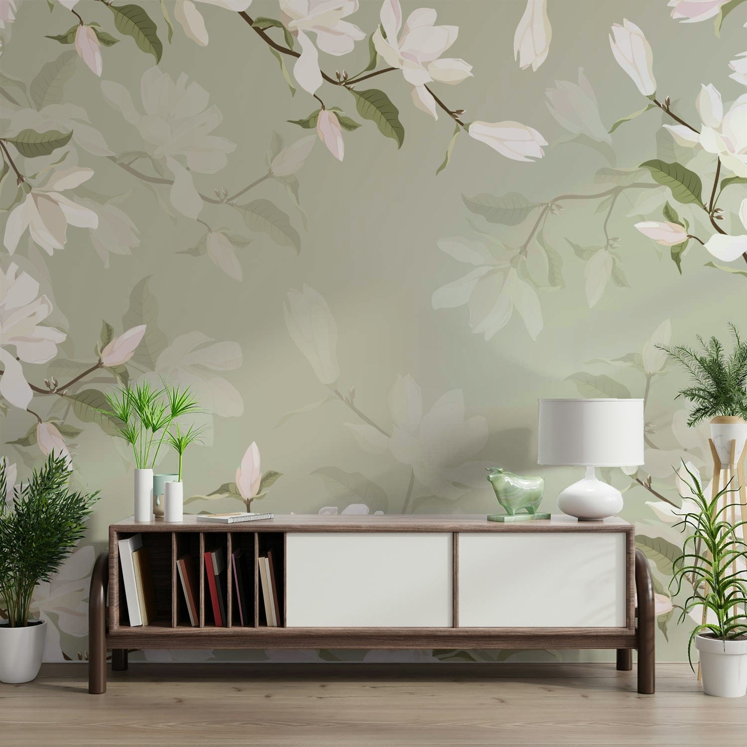 A peaceful wall mural with an organic, floral design.


