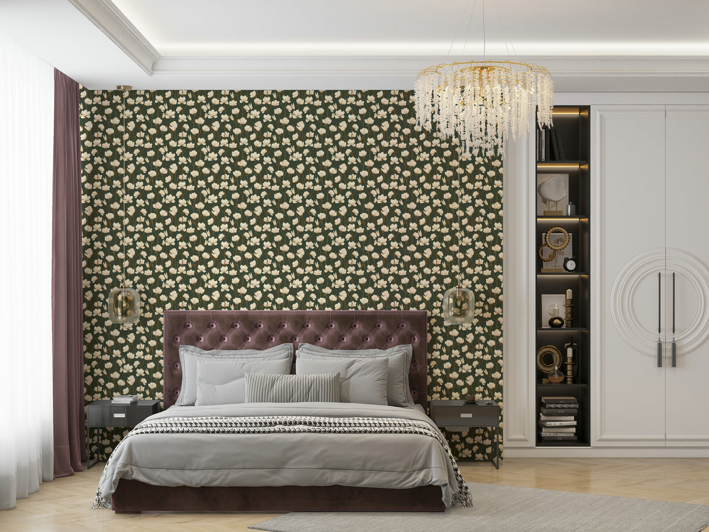 Deep green floral wallpaper with magnolia illustrations

