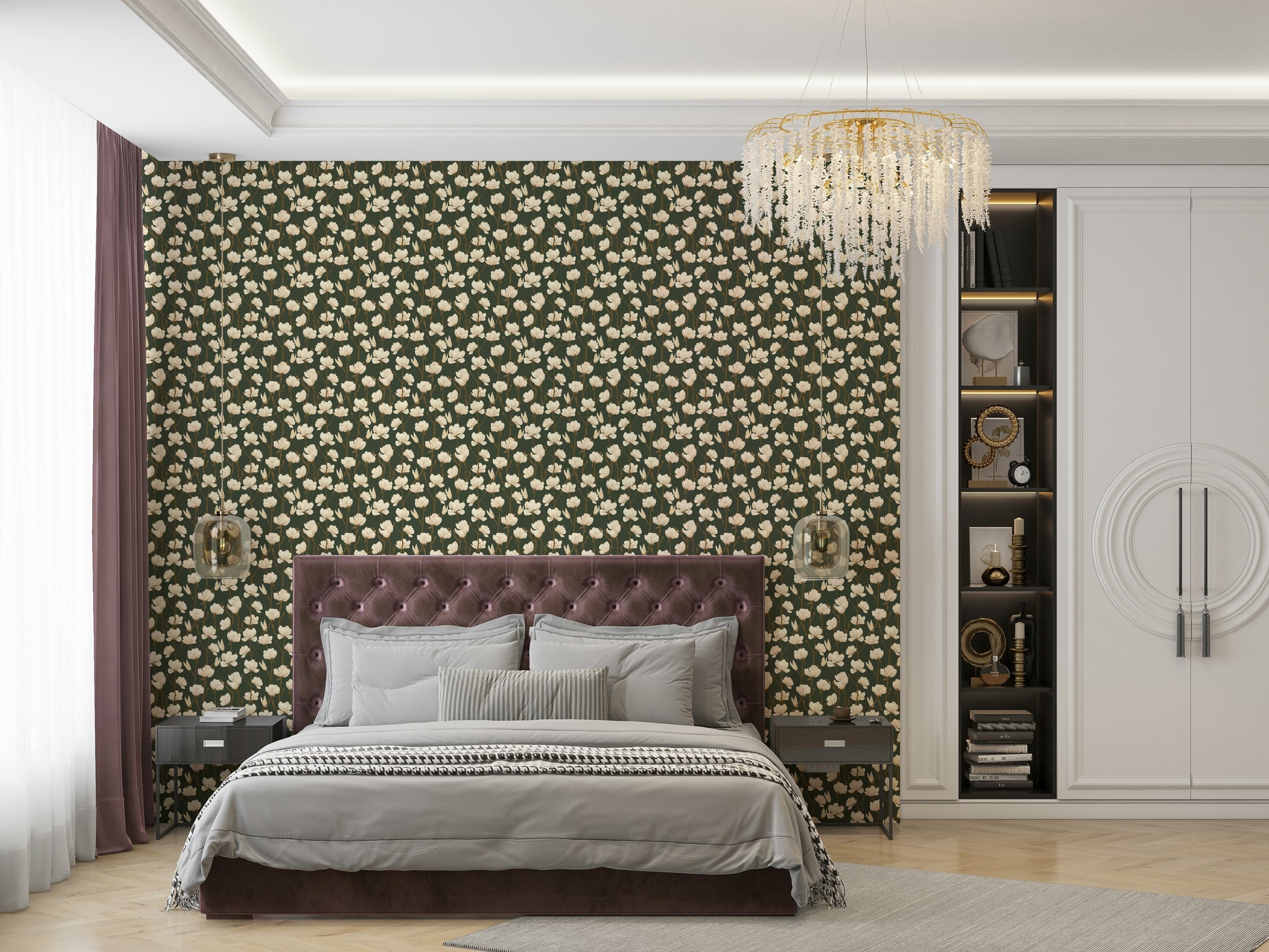 Deep green floral wallpaper with magnolia illustrations

