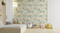 Soft floral wall mural featuring magnolias in light colors.

