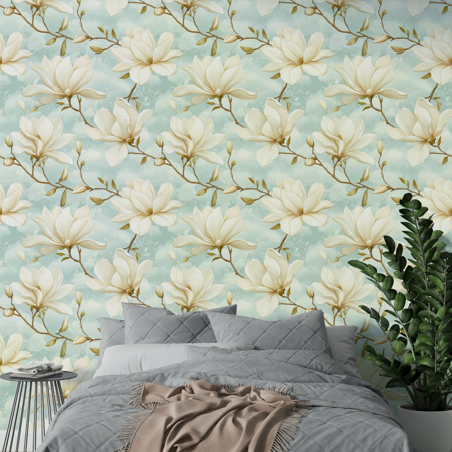 Beautiful magnolia flower wall mural with soft tones.


