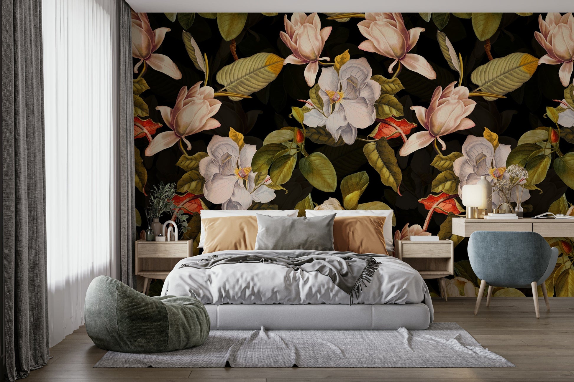 A tasteful magnolia wall mural design.