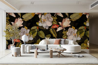 A botanical wallpaper with dark flowers.