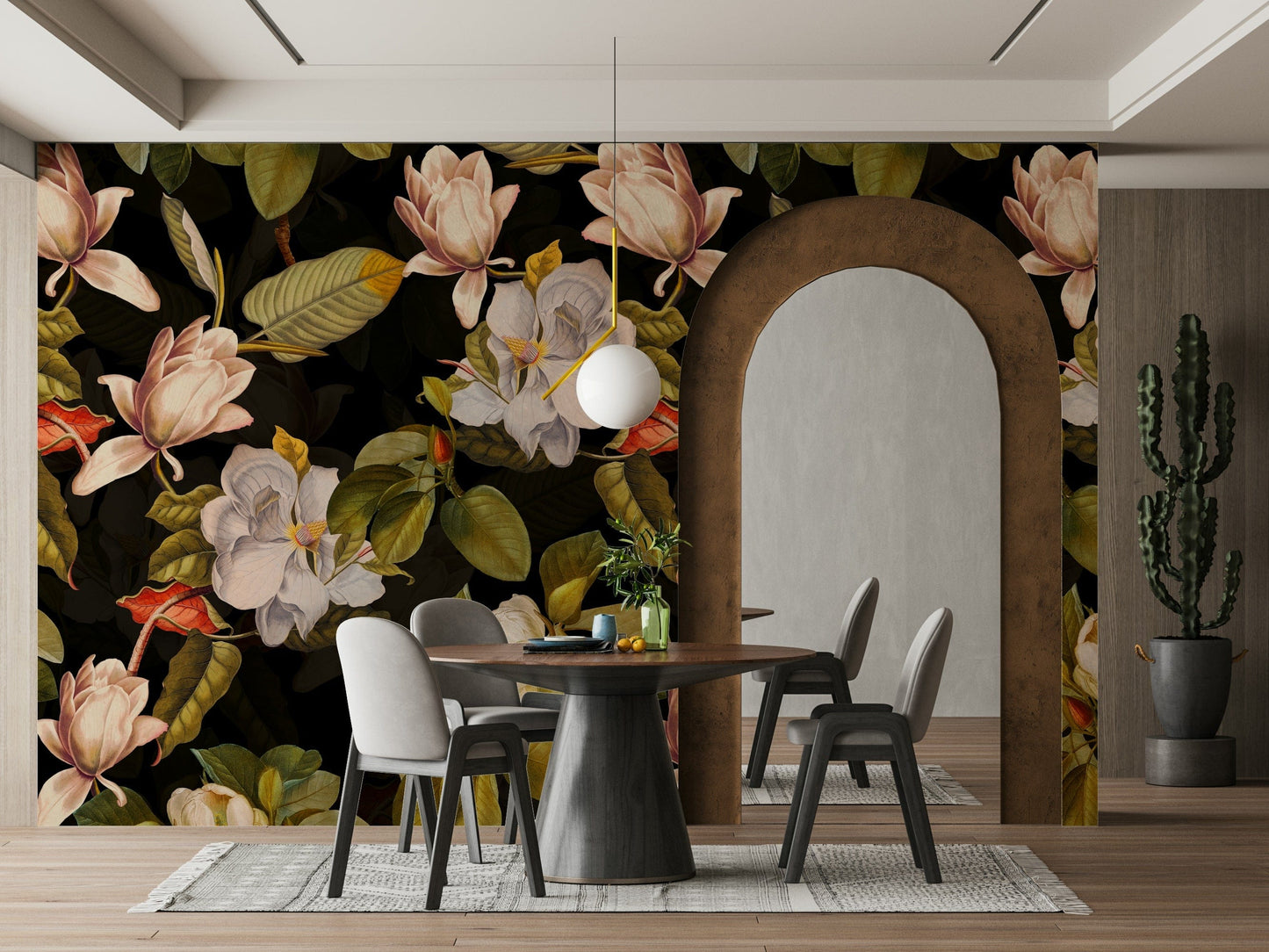 A moody garden mural with a magnolia motif.