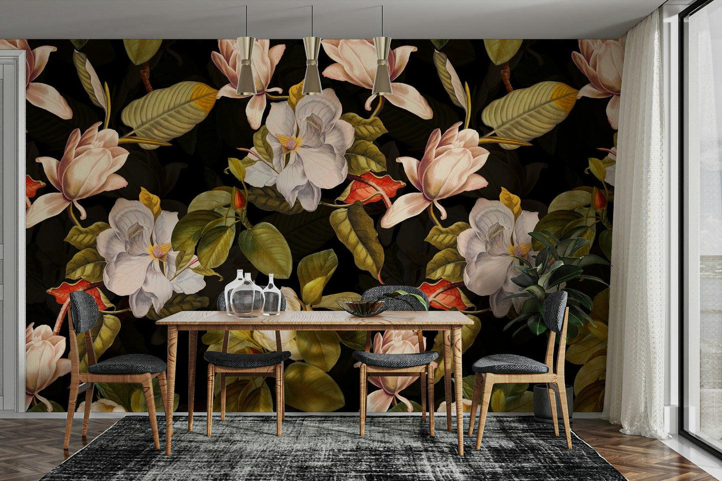 A dramatic floral wallpaper for walls.