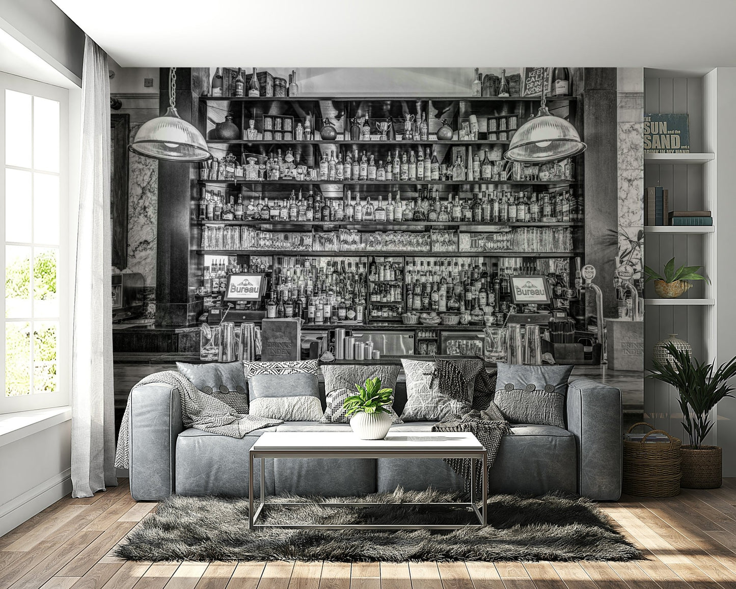 The photo is in black and white, with strong contrasts.

