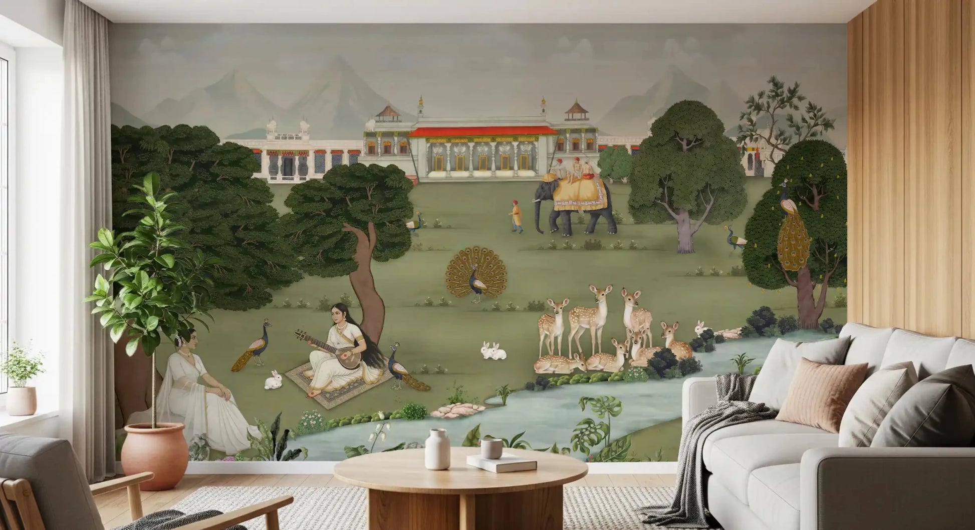 Traditional figures on the Majestic India Nature's Melody Wall Mural for a hallway.
