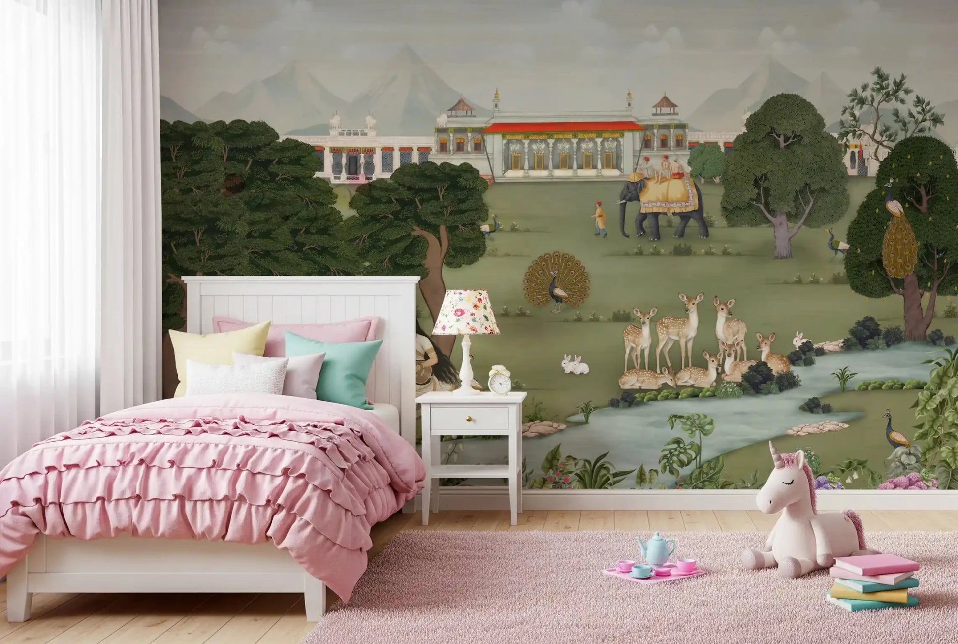 Soft green tones of the Majestic India Nature's Melody Wall Mural.