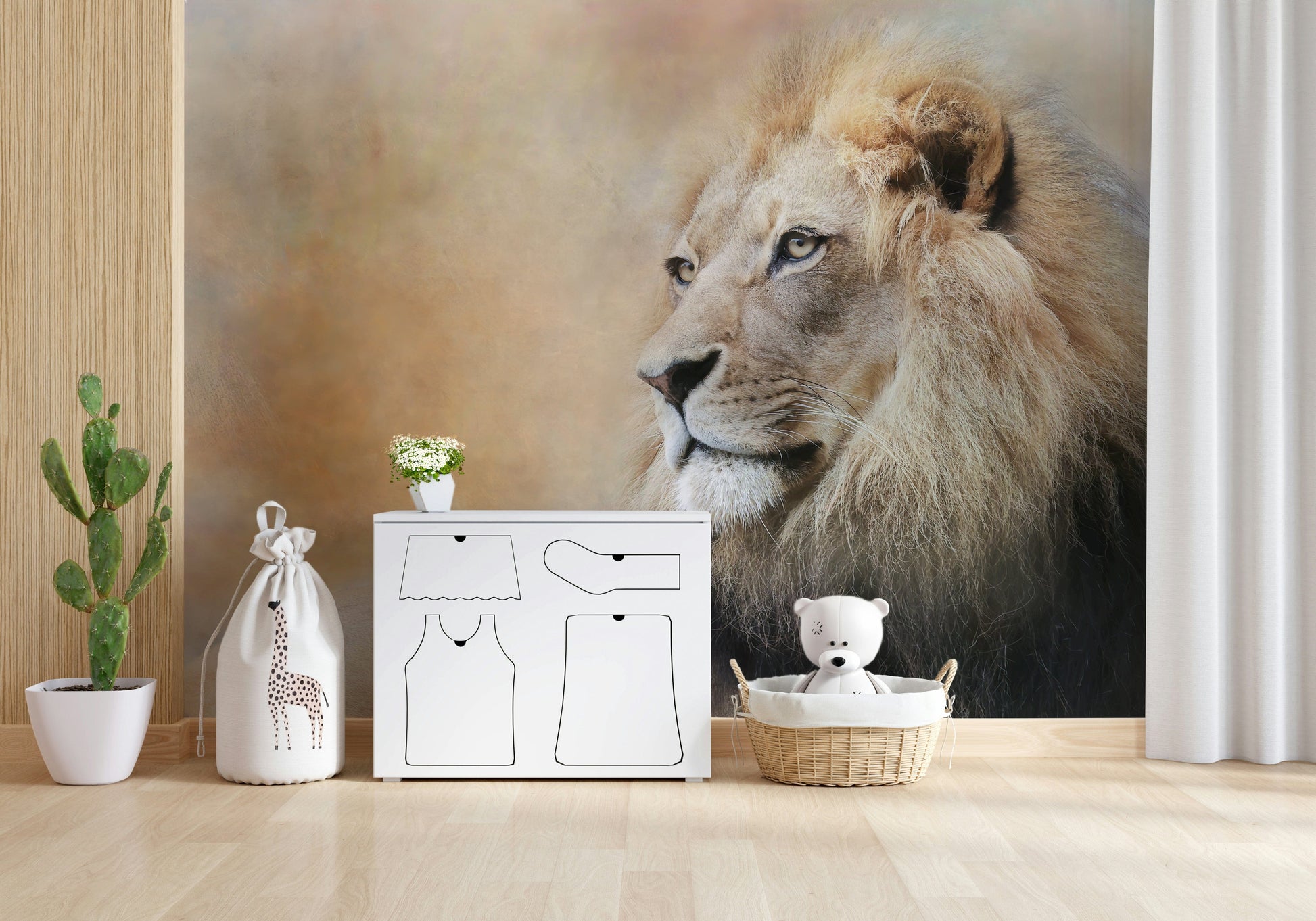 Golden Lion Wall Mural – Realistic lion design with warm earthy hues, evoking power and elegance.