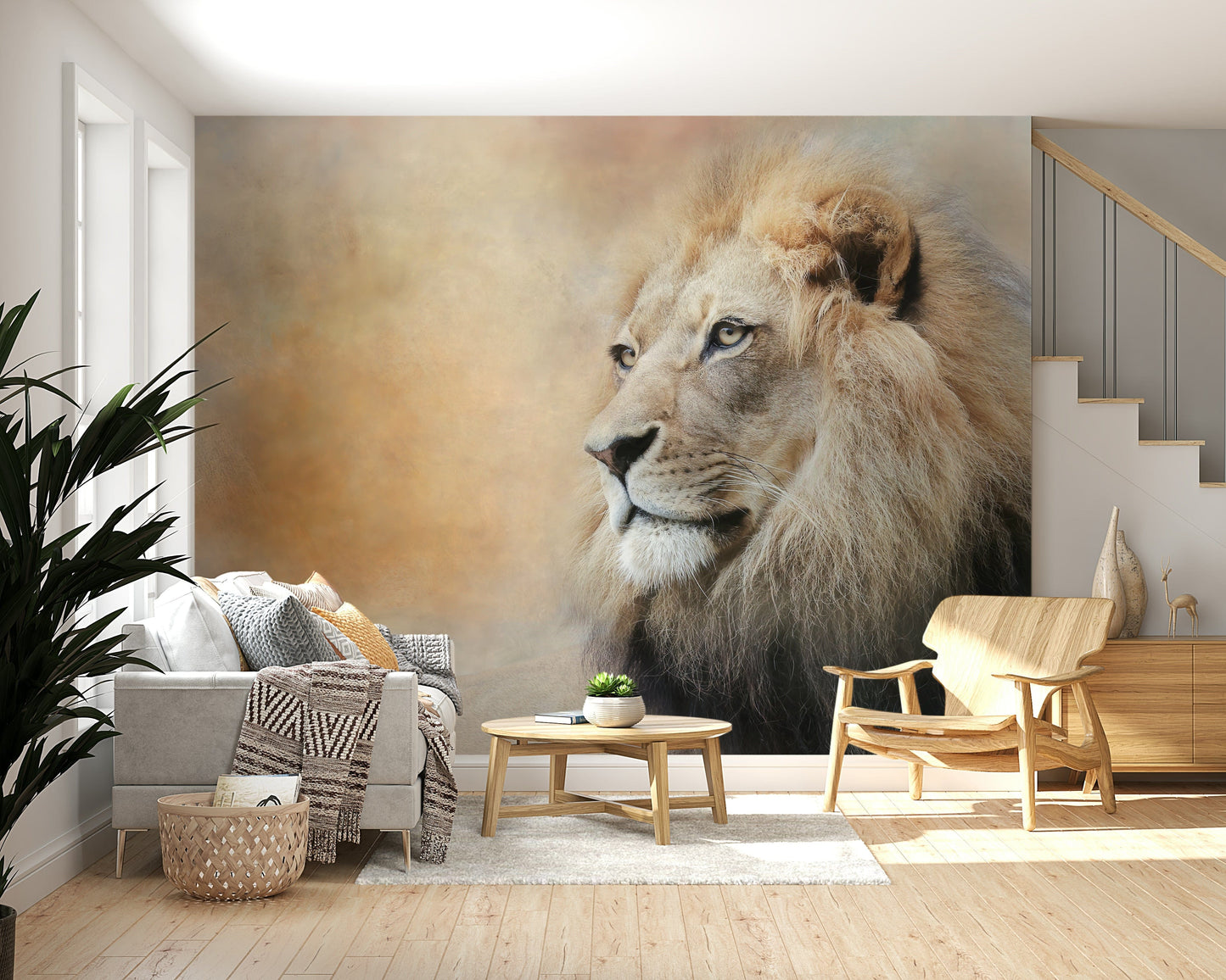 Majestic Wildlife Wall Mural – Bold mural featuring a strong lion’s gaze for luxurious and nature-inspired spaces.