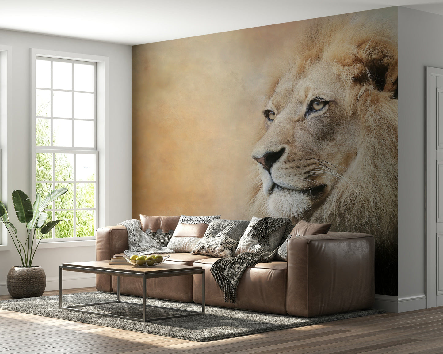 Majestic Lion Gaze Wall Mural – Powerful lion portrait mural with intense gaze, symbolizing strength and royalty.